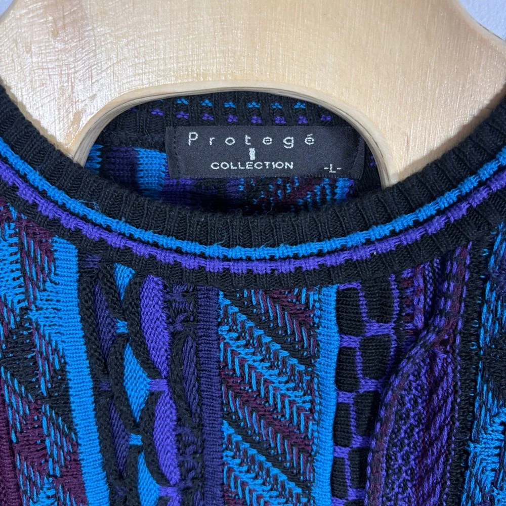 Vintage Protege Collection 3D Knit Sweater Mens Large Blue Purple Coogi Style